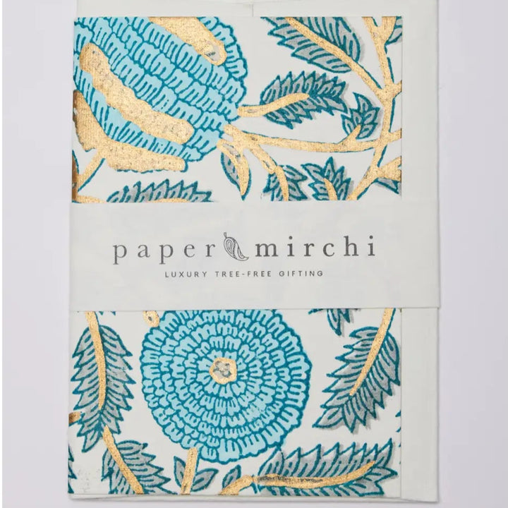 Hand Block Printed Greeting Card - Marigold Glitz Turquoise