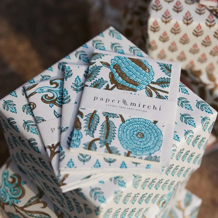 Hand Block Printed Greeting Card - Marigold Glitz Turquoise