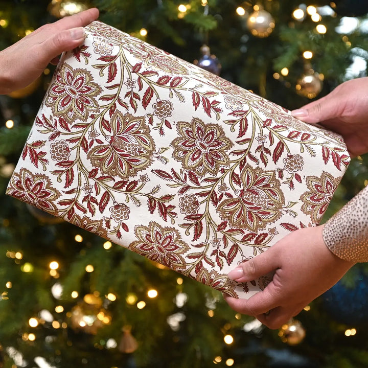 Hand Block Printed Gift Wrap Sheets - Dahlia Glitz Scarlet (Roll)