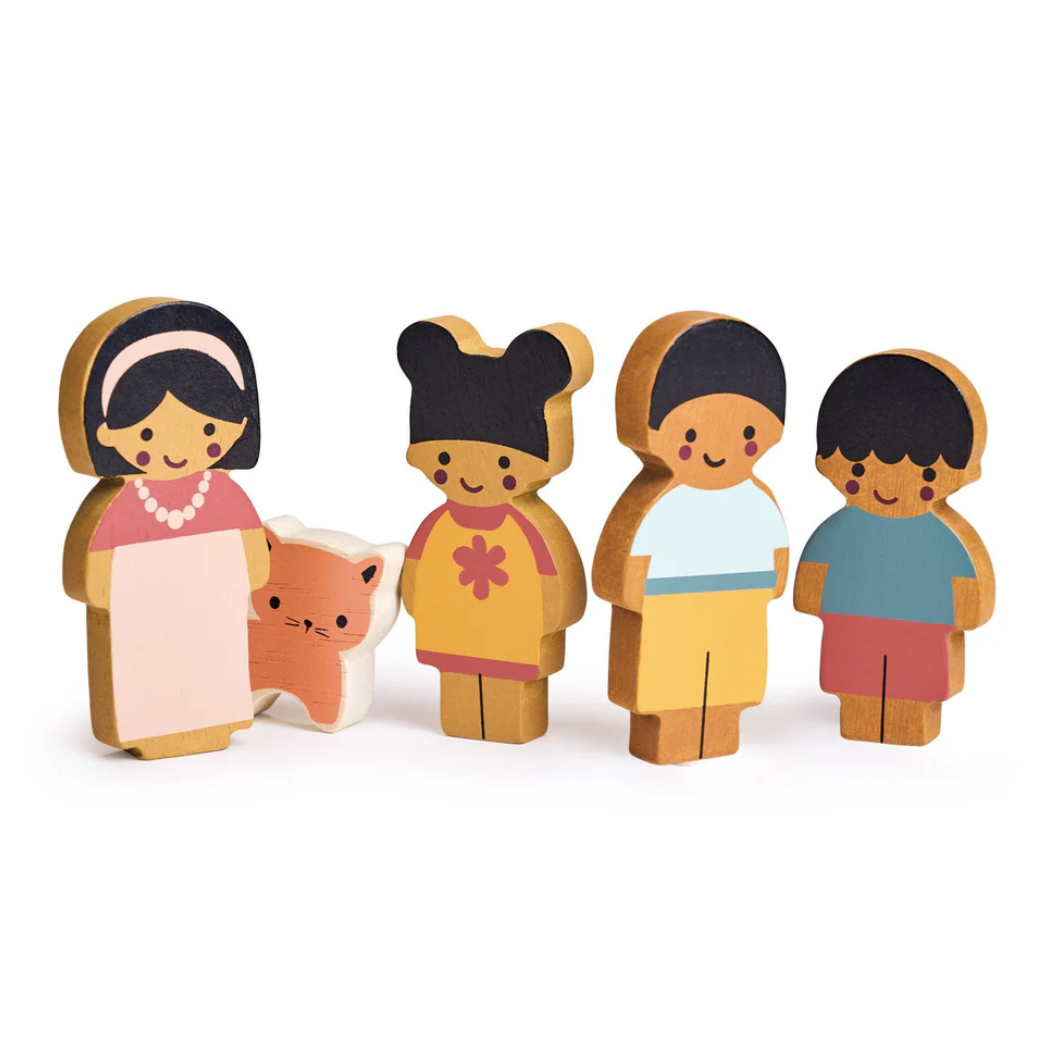 Wooden Doll Family with Cat Dollhouse Figures
