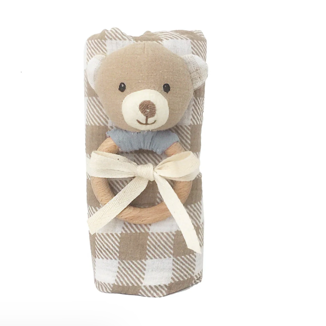 Gingham Muslin and Bear Wood Rattle Gift Set