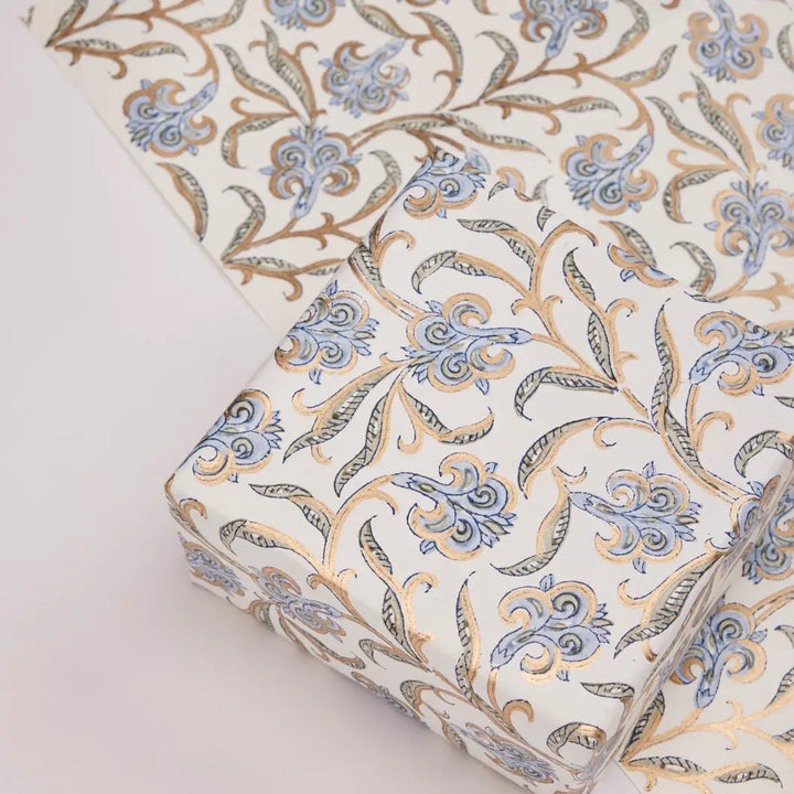 Hand Block Printed Gift Wrap Sheets - Iris Glitz Blue Stone (Roll)