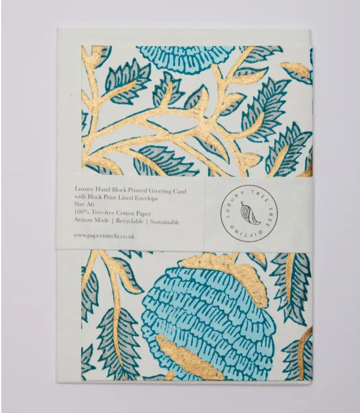 Hand Block Printed Greeting Card - Marigold Glitz Turquoise