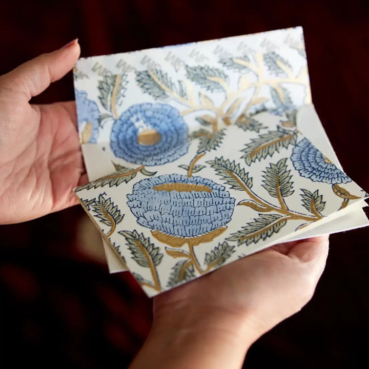 Hand Block Printed Greeting Card - Marigold Glitz Blue Stone