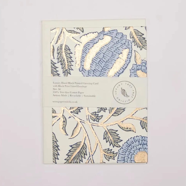 Hand Block Printed Greeting Card - Marigold Glitz Blue Stone