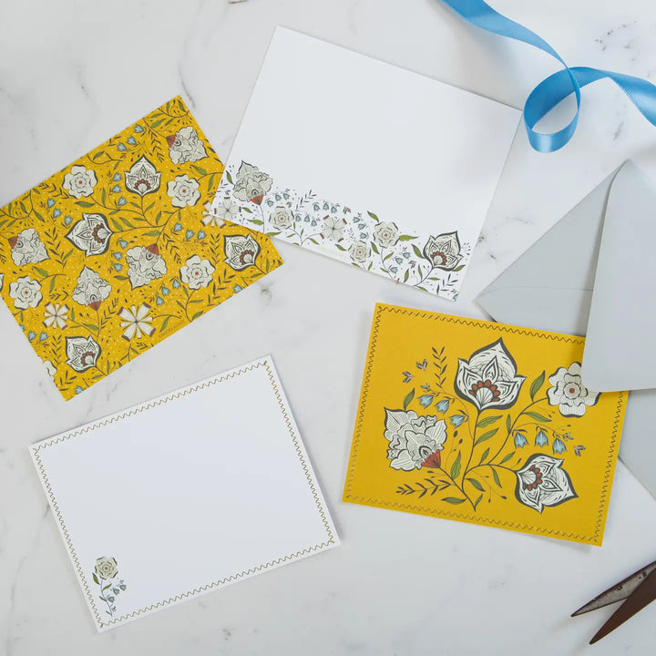 Ochre Yellow Floral Luxury Stationery Set – 8 Flat Notecards