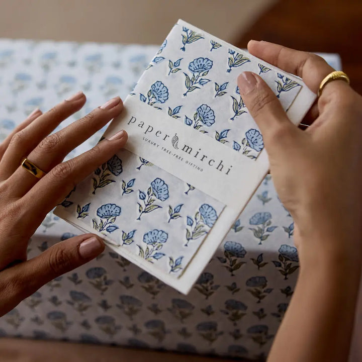 Hand Block Printed Greeting Card - Ditsy Floral Blue Stone