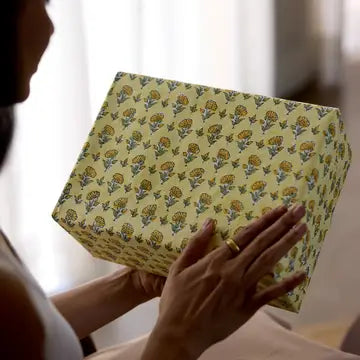 Hand Block Printed Gift Wrap Sheets - Ditsy Floral Sunshine (Roll of 3)