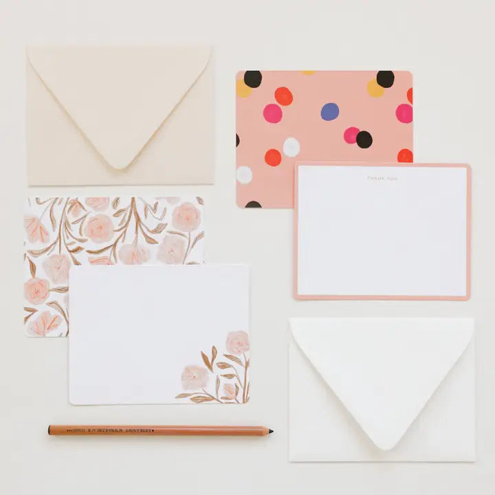 Pink Floral Flat Notecard Set | Boxed Set of 6