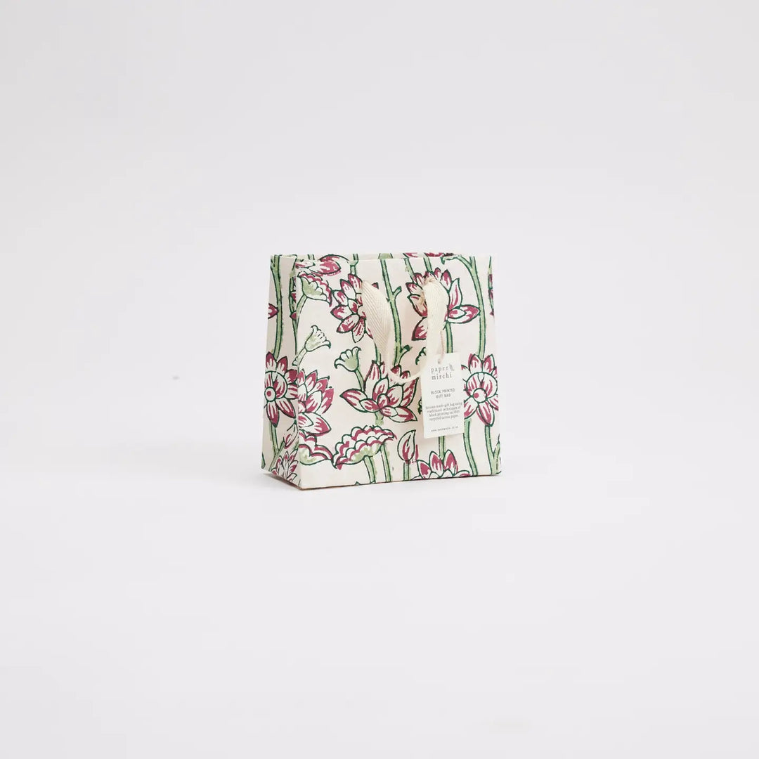 Hand Block Printed Gift Bags - Lotus Cherry