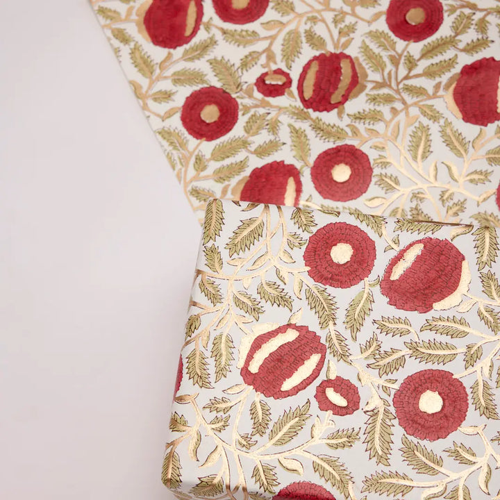 Hand Block Printed Gift Wrap Sheets - Marigold Glitz Scarlet (Roll)