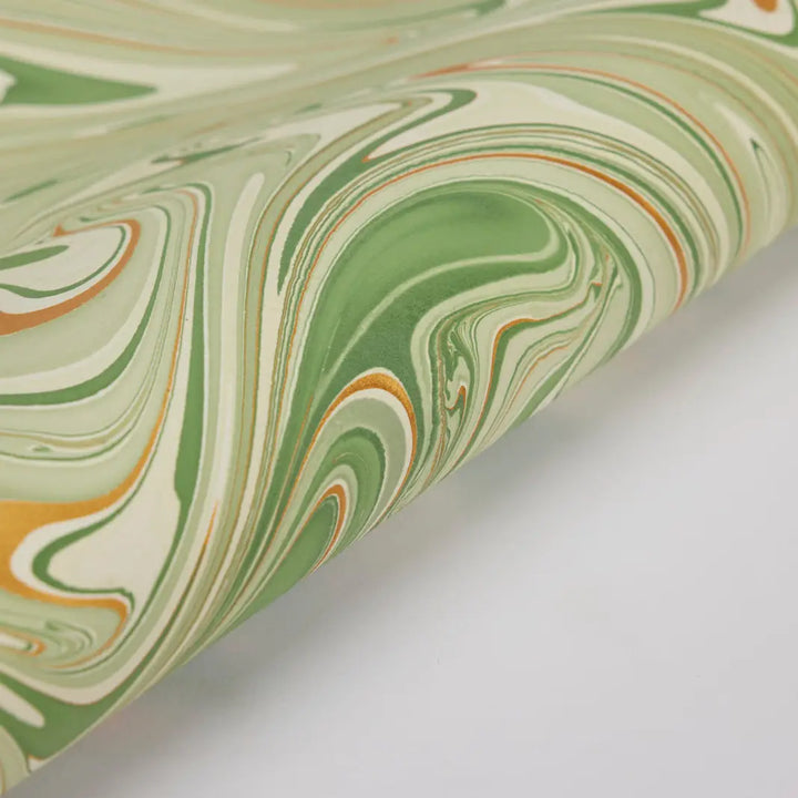 Hand Marbled Gift Wrap Sheets - Fountain Waves Matcha (Roll)