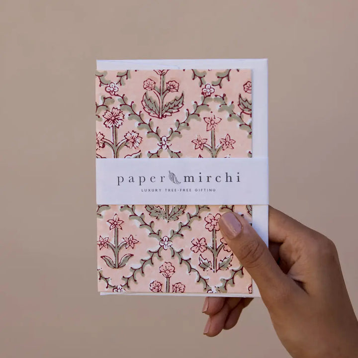 Hand Block Printed Greeting Card - Floral Lattice Terracotta