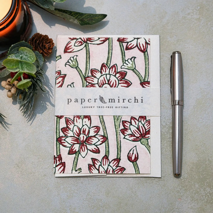 Hand Block Printed Greeting Card - Lotus Cherry