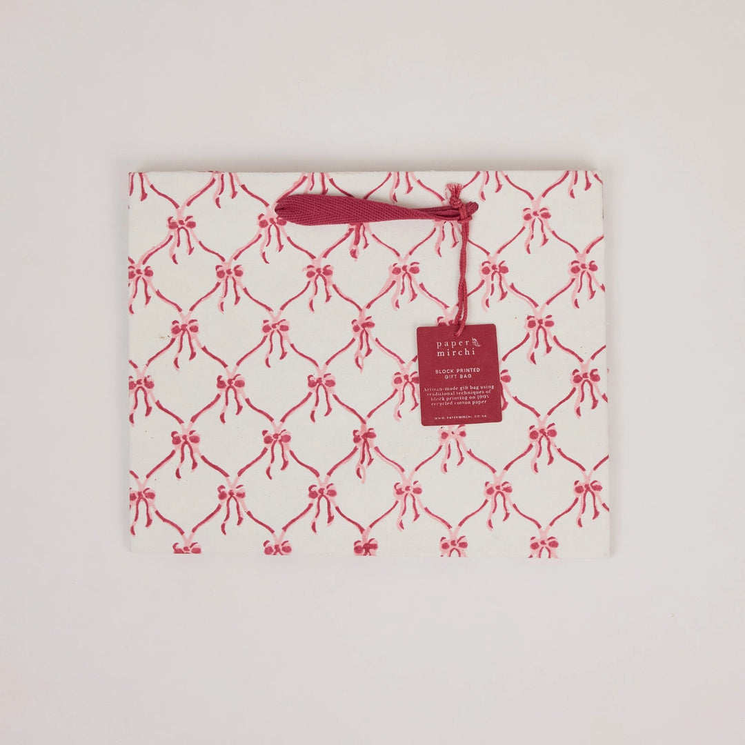 Hand Block Printed Gift Bags - Bows Christmas Pudding