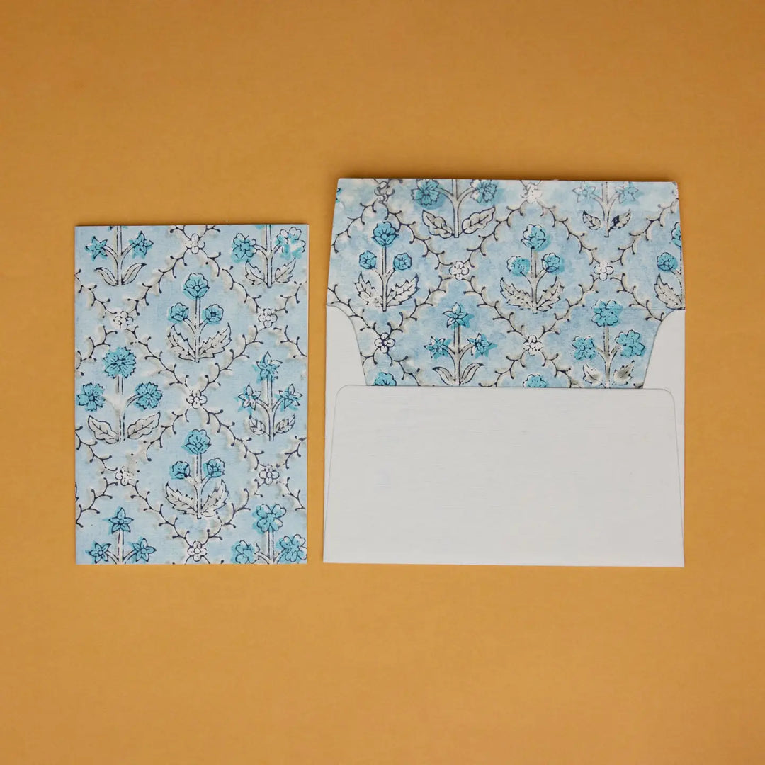 Hand Block Printed Greeting Card - Floral Lattice Blue Opal