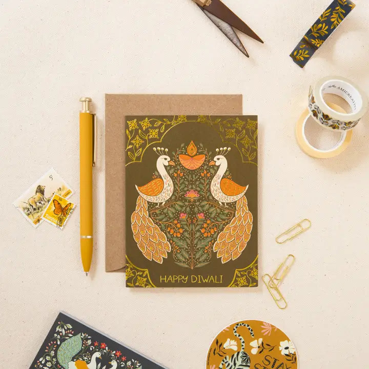 Gold Foil Diwali Card with Peacocks