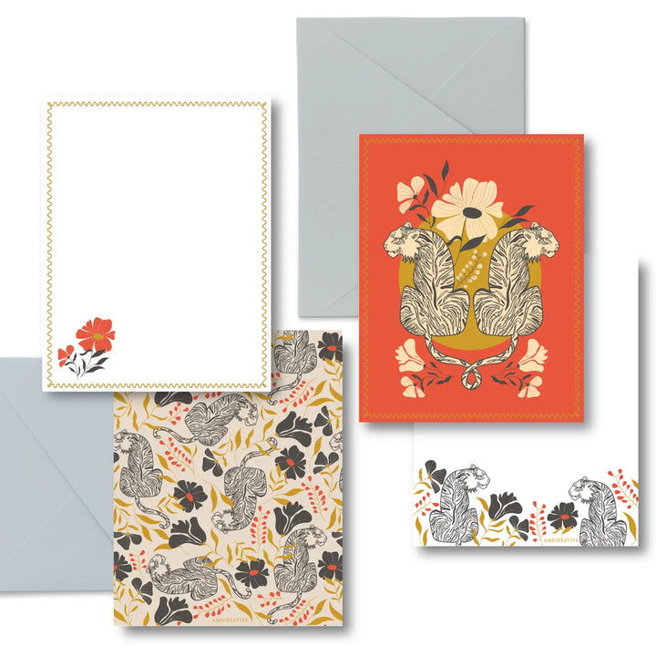 Jungle Tiger Floral Luxury Stationery Set – 8 Flat Notecards