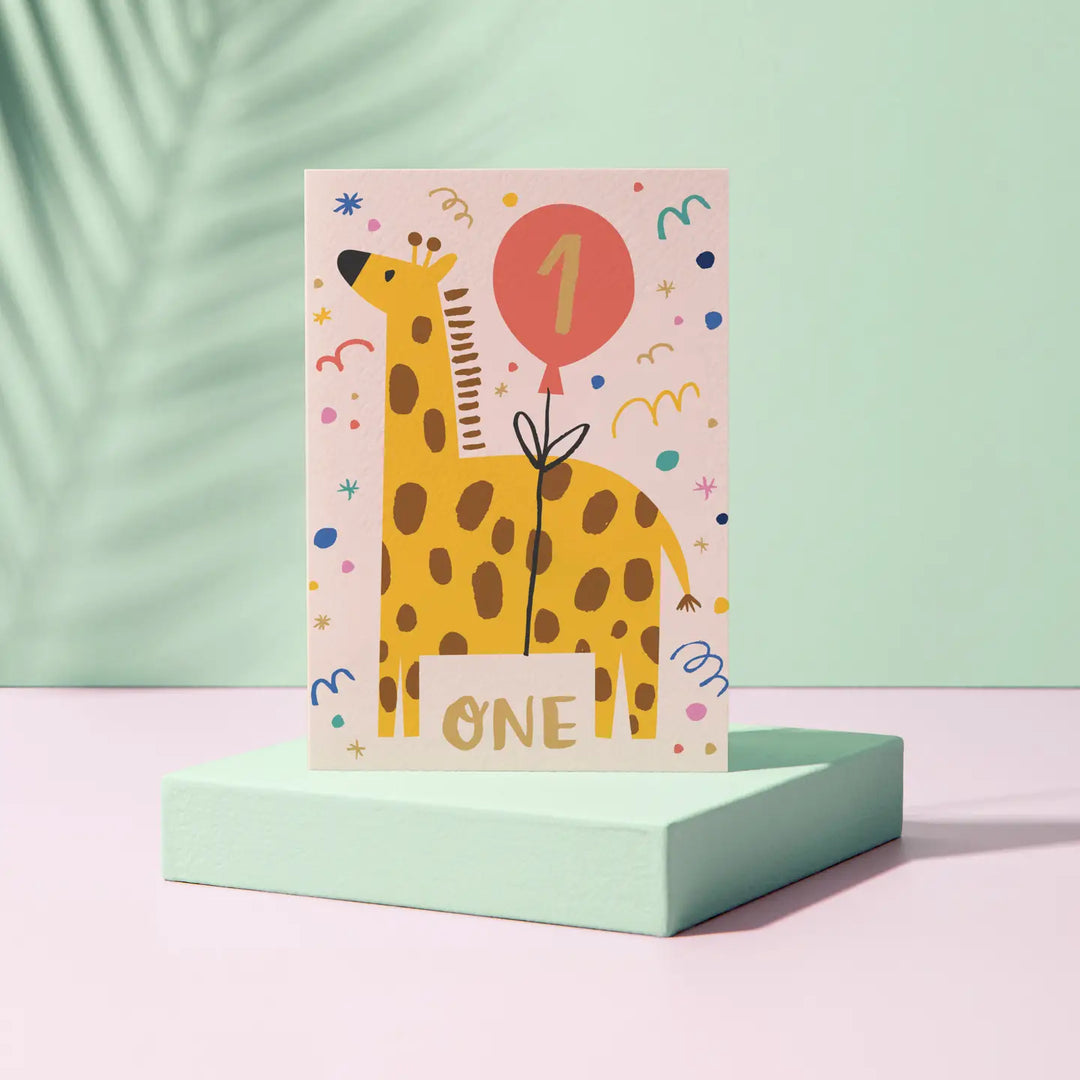Giraffe-Themed One-Year-Old Birthday Card