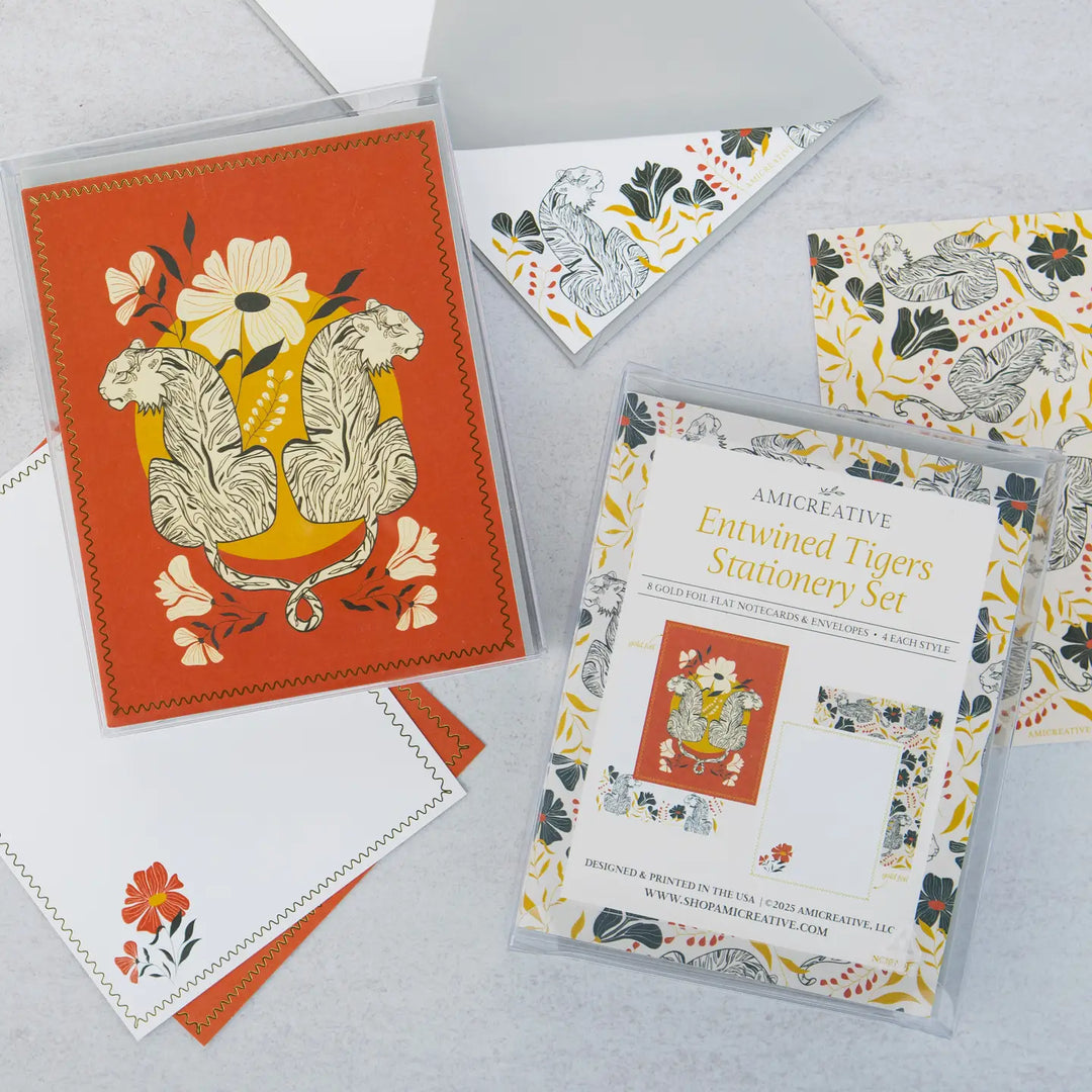 Jungle Tiger Floral Luxury Stationery Set – 8 Flat Notecards