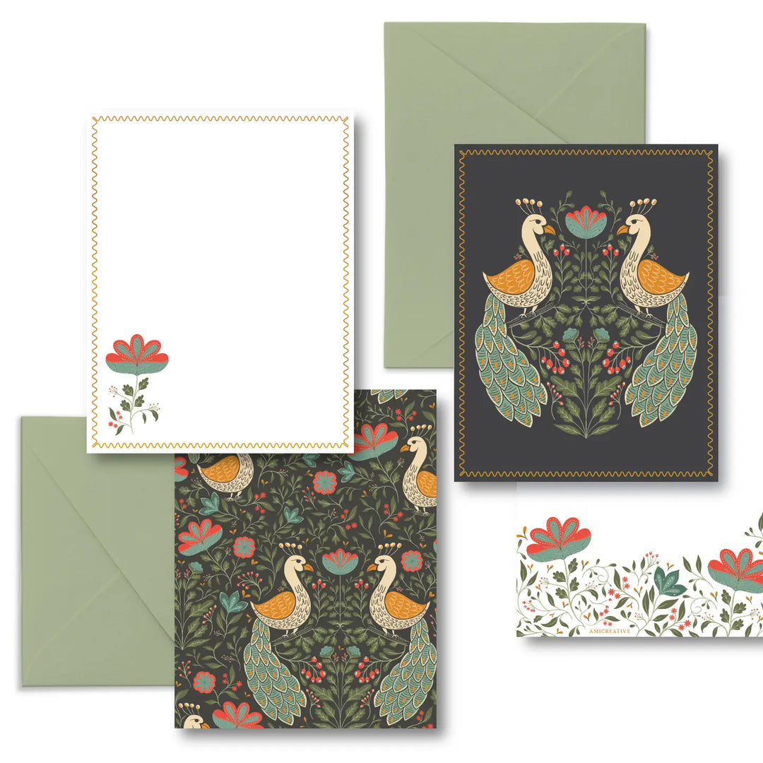 Teal Peacock Floral Luxury Stationery Set – 8 Flat Notecards