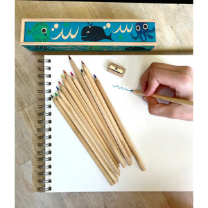 Wooden Pencil Box + Colored Pencils - Ocean Friends
