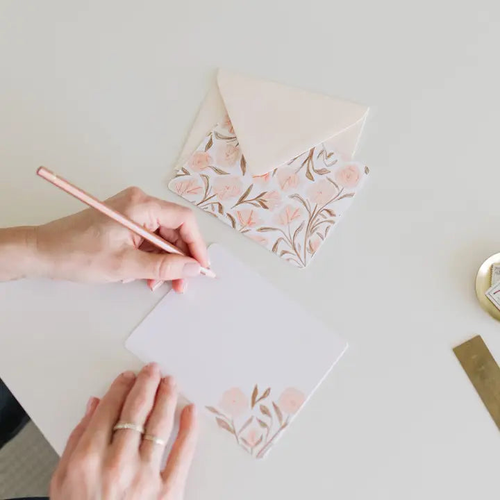 Pink Floral Flat Notecard Set | Boxed Set of 6