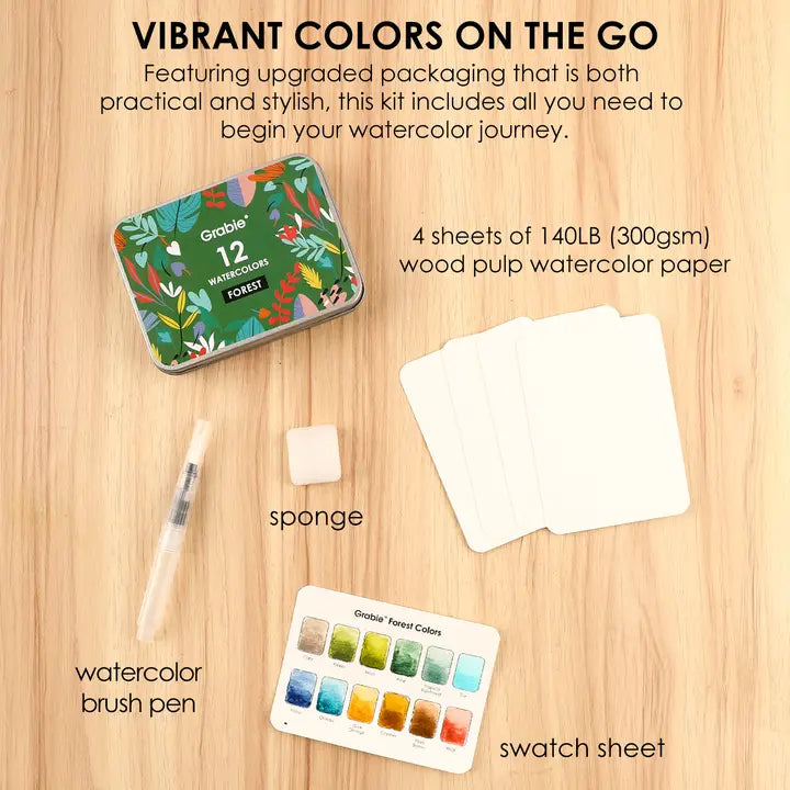 Watercolor Pocket Set of 12 Colors with Brush - Forest Colors