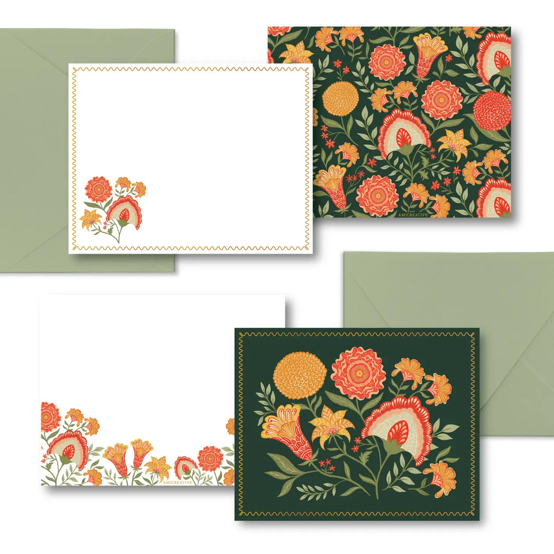 Green Botanical Luxury Stationery Set – 8 Flat Notecards
