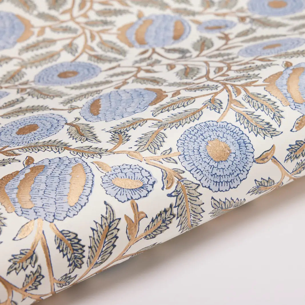 Hand Block Printed Gift Wrap Sheets - Marigold Glitz Blue Stone (Roll)
