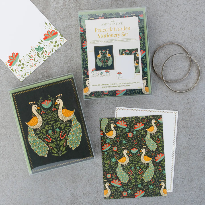 Teal Peacock Floral Luxury Stationery Set – 8 Flat Notecards