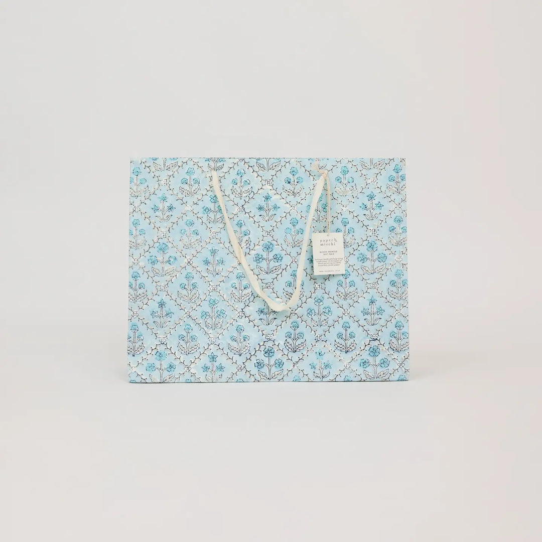 Hand Block Printed Gift Bags - Floral Lattice Blue Opal