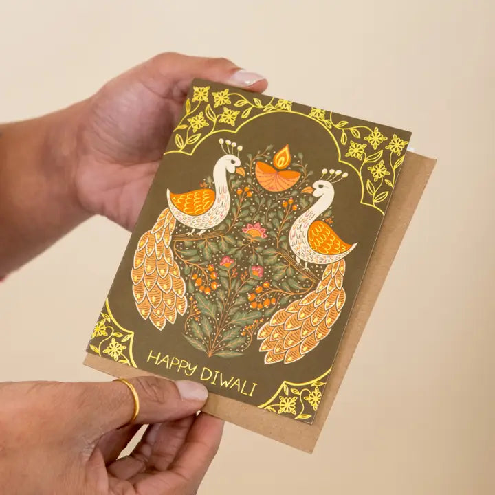 Gold Foil Diwali Card with Peacocks
