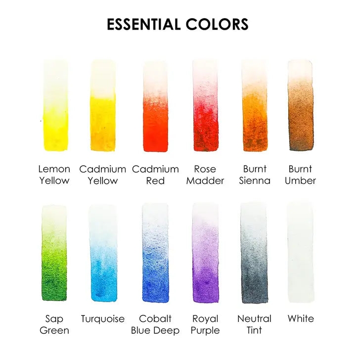 Watercolor Pocket Set of 12 Colors with Brush - Essential Colors