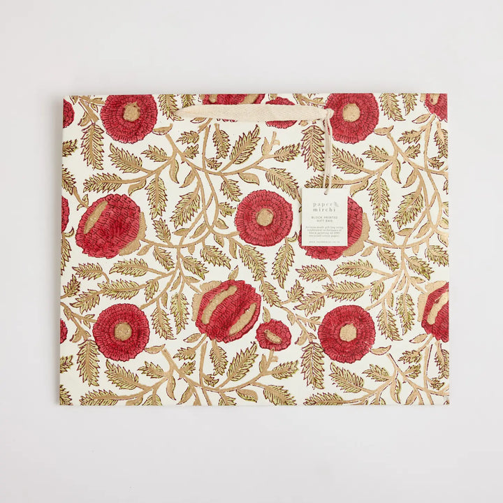 Hand Block Printed Gift Bags - Marigold Glitz Scarlet