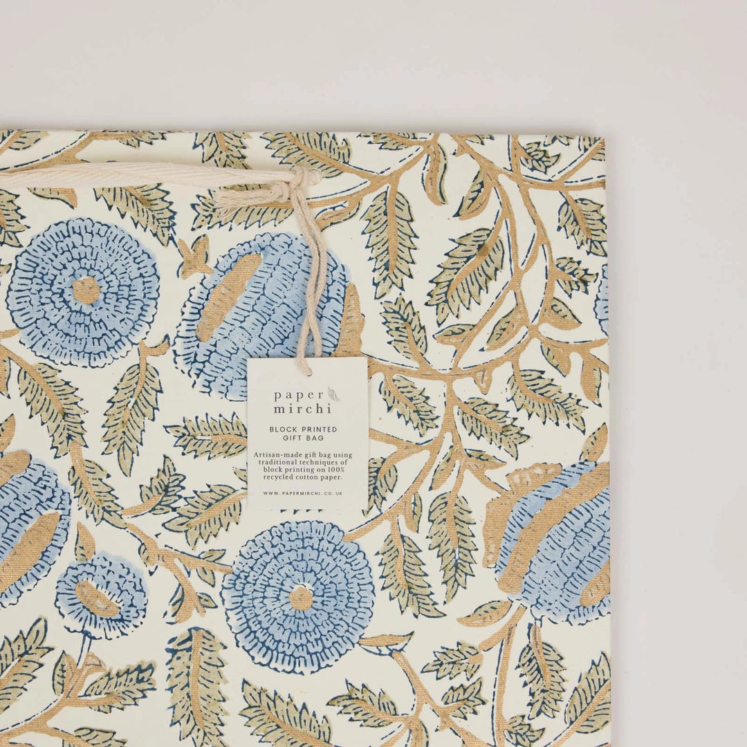 Hand Block Printed Gift Bags - Marigold Glitz Blue Stone