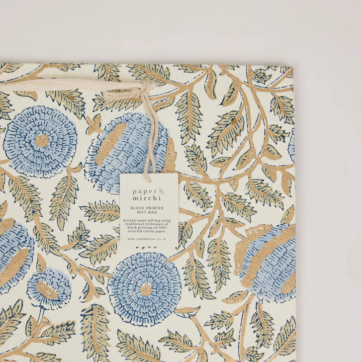 Hand Block Printed Gift Bags - Marigold Glitz Blue Stone