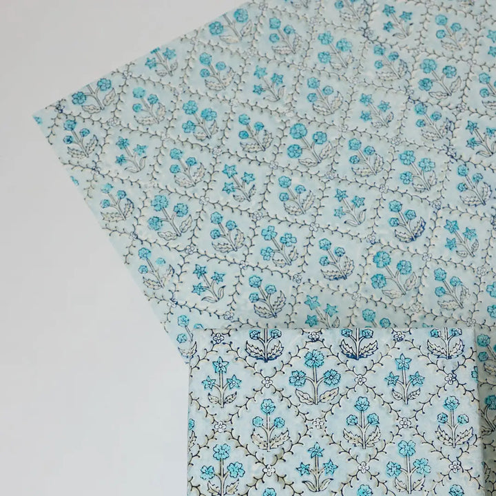Hand Block Printed Gift Wrap Sheets - Floral Lattice Blue Opal (Roll of 3)