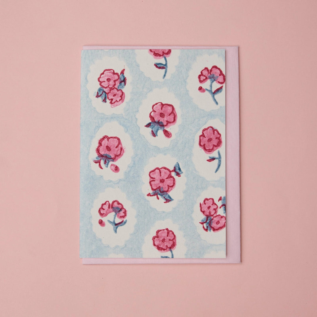 Hand Block Printed Greeting Card - Scallop Tiles Pink Sorbet