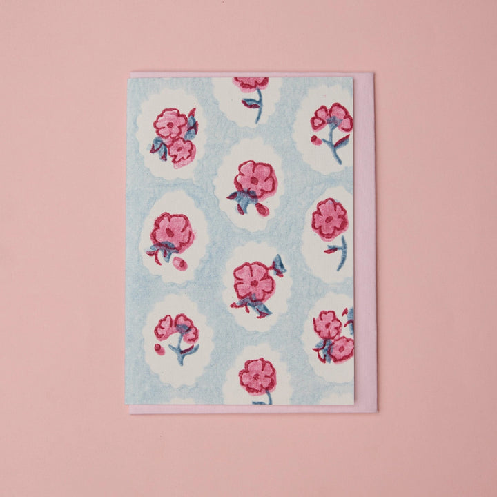 Hand Block Printed Greeting Card - Scallop Tiles Pink Sorbet