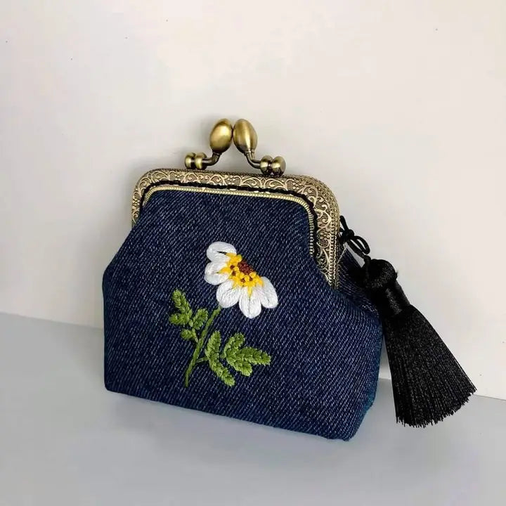 Daisy Embroidered Denim Coin Purse