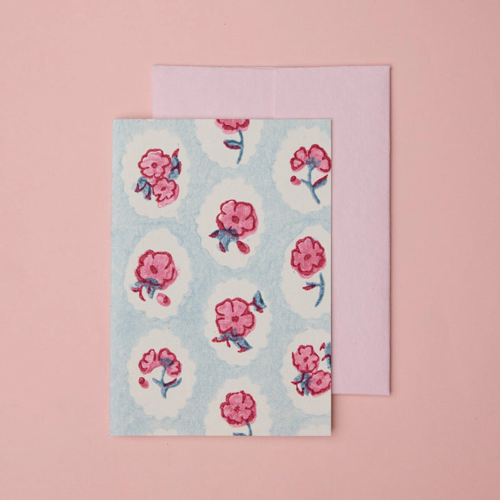 Hand Block Printed Greeting Card - Scallop Tiles Pink Sorbet