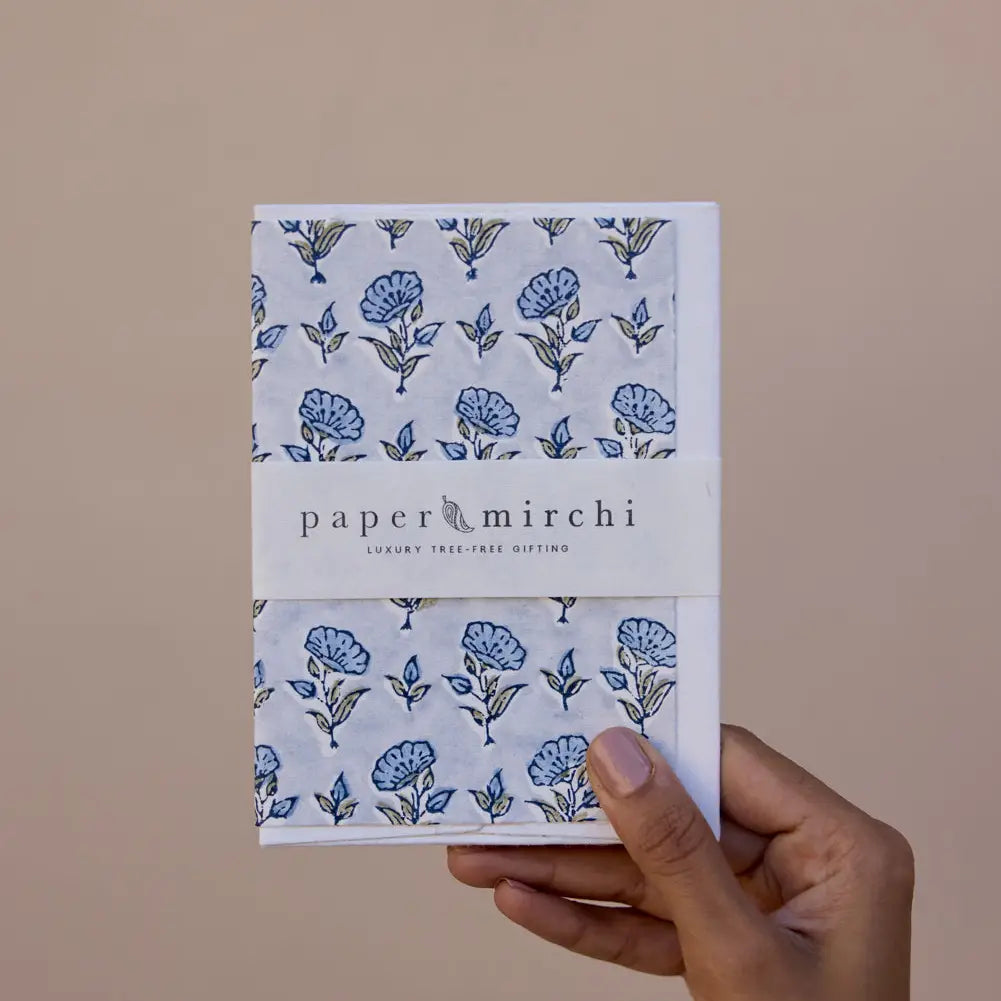 Hand Block Printed Greeting Card - Ditsy Floral Blue Stone