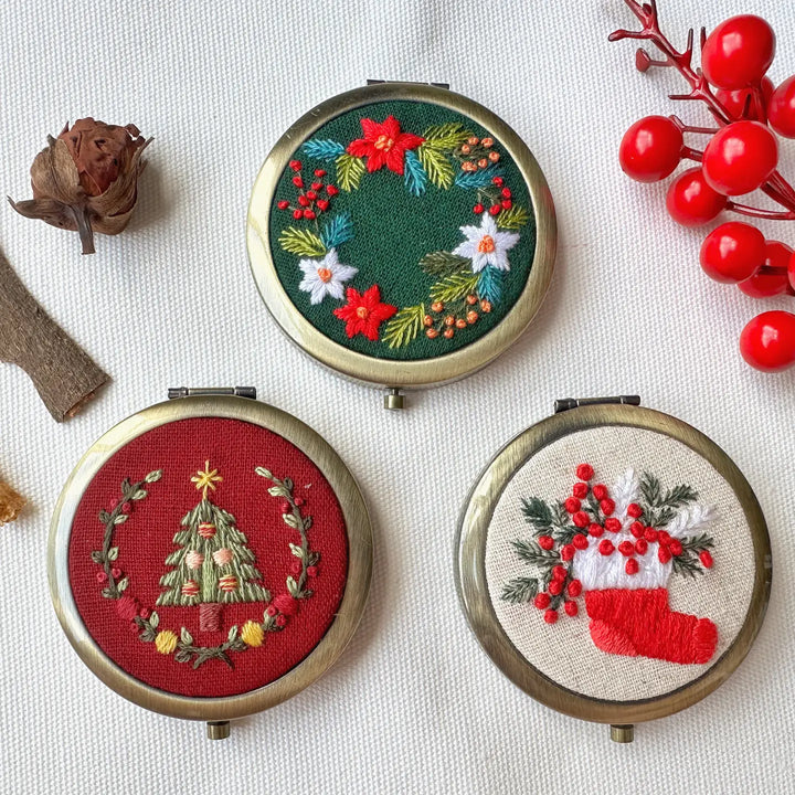 Green Floral Embroidered Compact Mirror