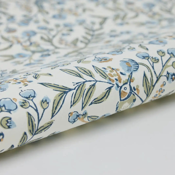 Hand Block Printed Gift Wrap Sheets - Song Birds Blue Stone (Roll of 3)
