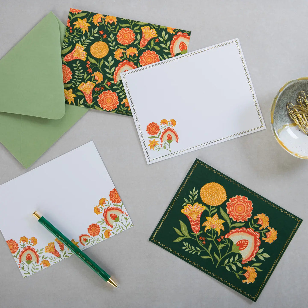 Green Botanical Luxury Stationery Set – 8 Flat Notecards