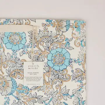 Hand Block Printed Gift Bags - Wild Rose Blue Opal