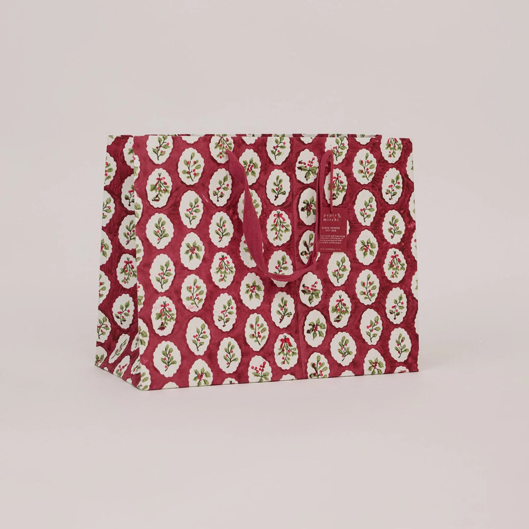 Hand Block Printed Gift Bags - Scallop Tiles Christmas Pudding