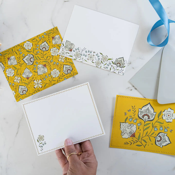 Ochre Yellow Floral Luxury Stationery Set – 8 Flat Notecards