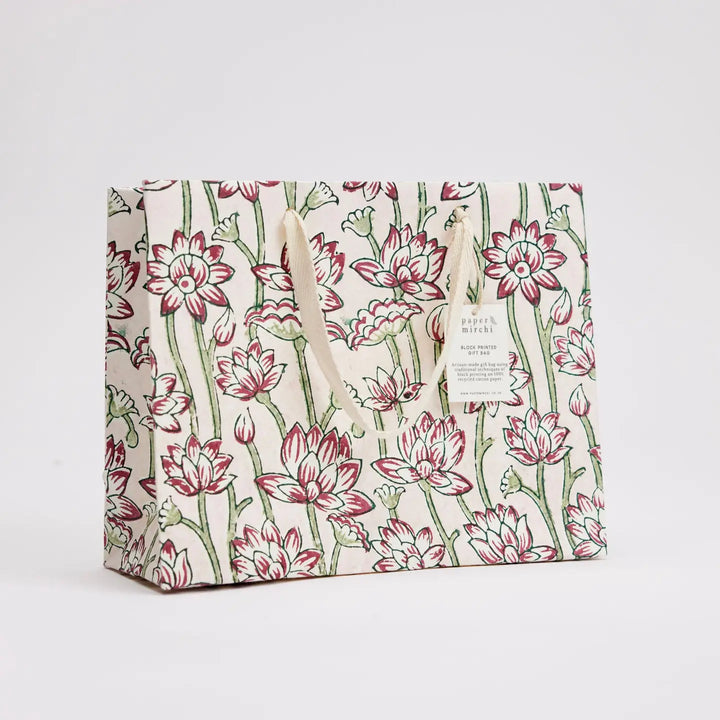 Hand Block Printed Gift Bags - Lotus Cherry